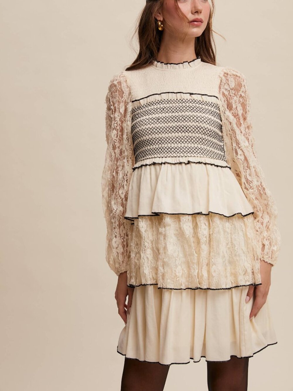 LISTICLE Tiered Lace Cottage Core Dress with Smocking